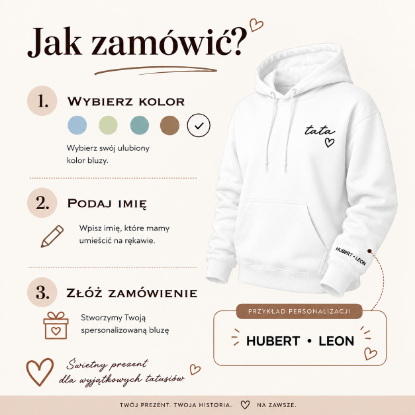 Obrazek Personalizowana biała bluza dla Taty z imionami dzieci – haft TATA z sercem