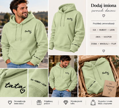 Obrazek Personalizowana pistacjowa bluza dla Taty z imionami dzieci – haft TATA z sercem