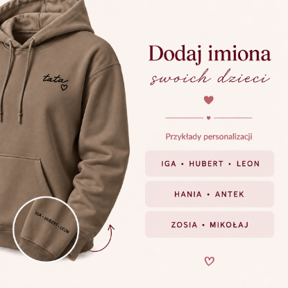 Obrazek Personalizowana brązowa bluza dla Taty z imionami dzieci – haft TATA z sercem