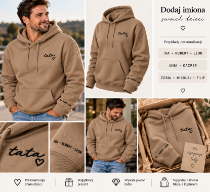 Obrazek Personalizowana brązowa bluza dla Taty z imionami dzieci – haft TATA z sercem